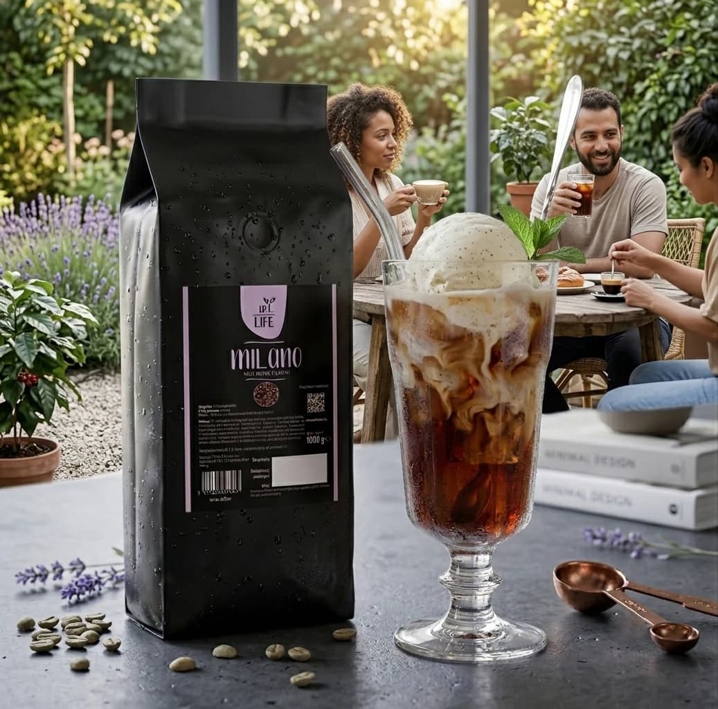 Kawa mrożona Life Up Milano — szklanka affogato i paczka kawy ziarnistej w letnim ogrodzie przy stole z przyjaciółmi