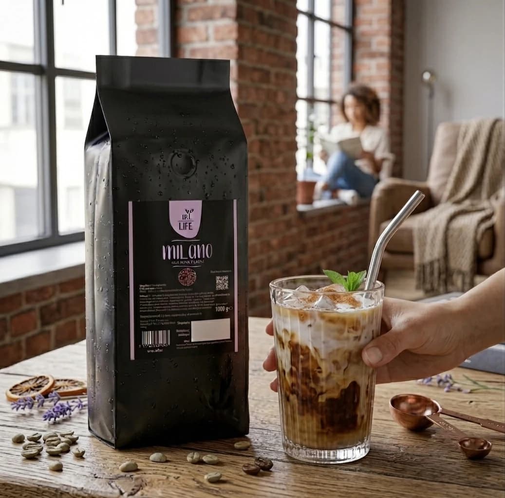 Wysoka szklanka z iced latte i metalową słomką, w tle kobieta czyta książkę w słoneczny dzień przy oknie