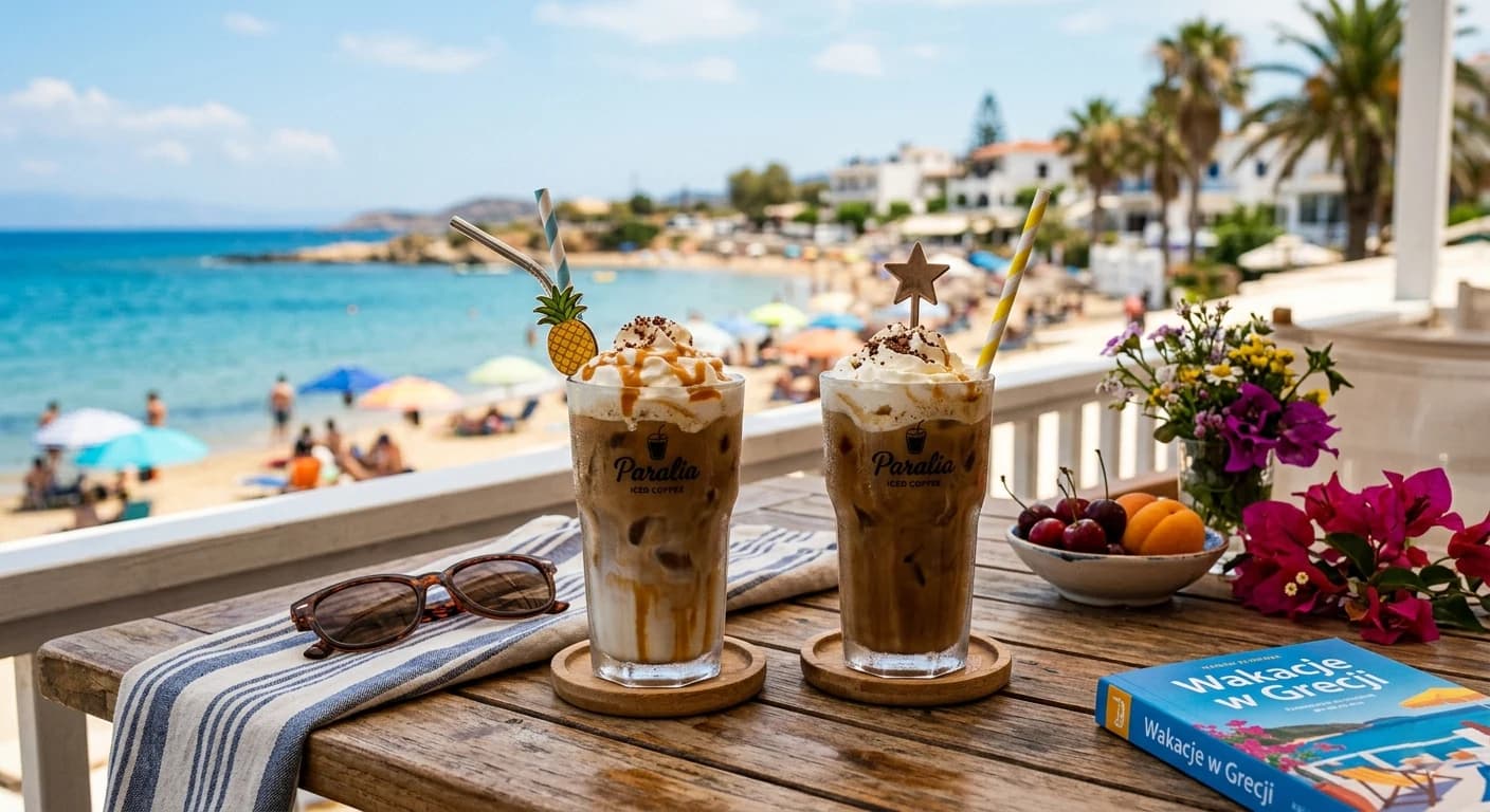 Dwie szklanki iced coffee z bitą śmietaną i polewą karmelową na tarasie z widokiem na plażę i błękitne morze